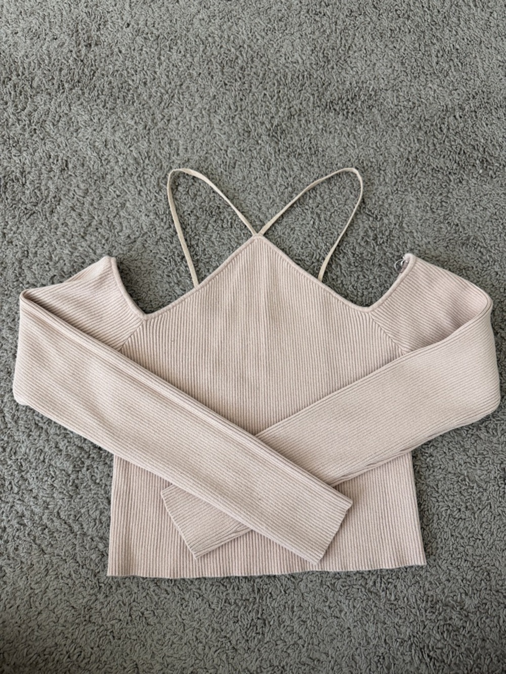 Beige Ribbed Off-Shoulder Knit Top with Strappy Back